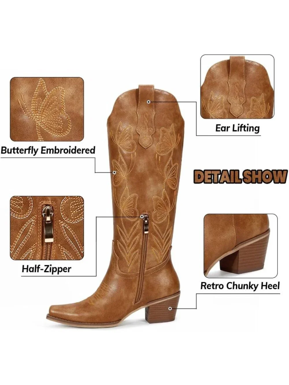 Women's Classic Brown Butterfly Faux Leather Knee High Western Cowgirl Boots